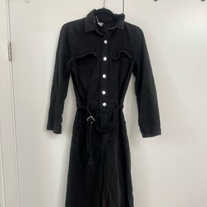 Black Wide Leg Denim Belted Jumpsuit
